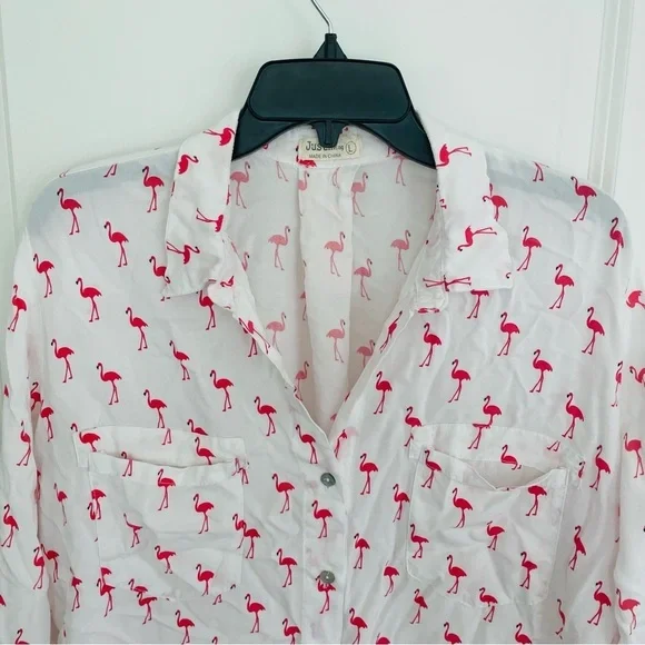 Just Living Flamingo Print Button Down Top Pink White Size L - Picture 2 of 15